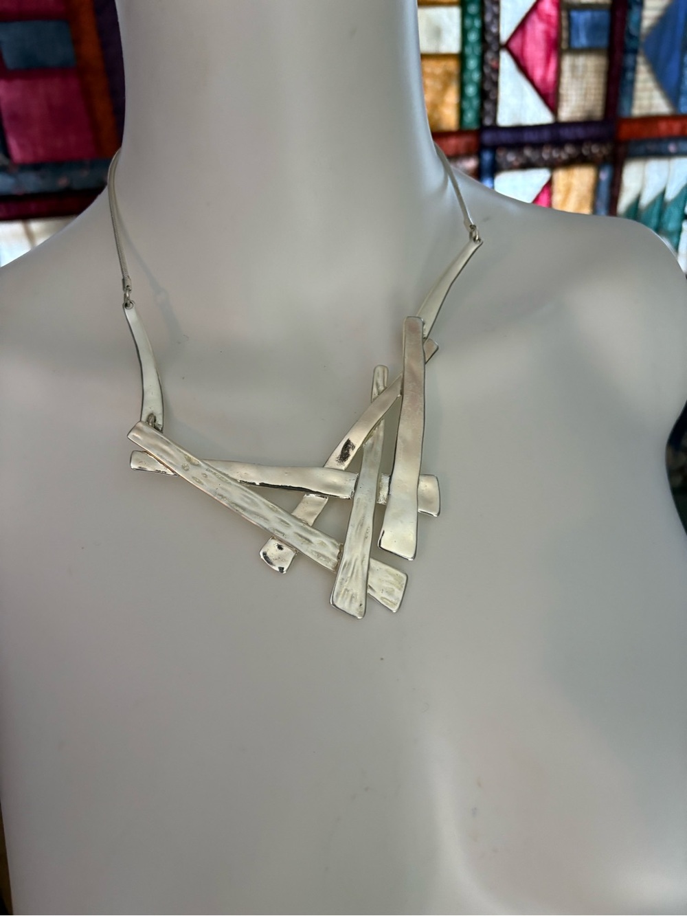 Sterling-Style Geometric Rare Unique Modern Silver Statement Necklace